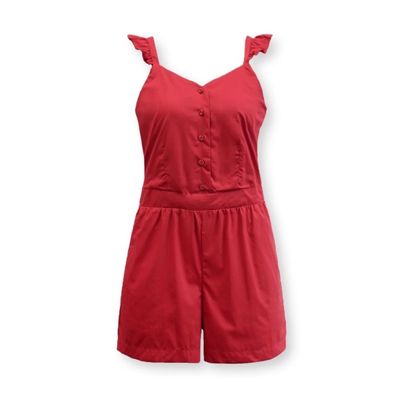 Red Women's Ruffle Strap Button-Front Shorts - Picture 1 of 6